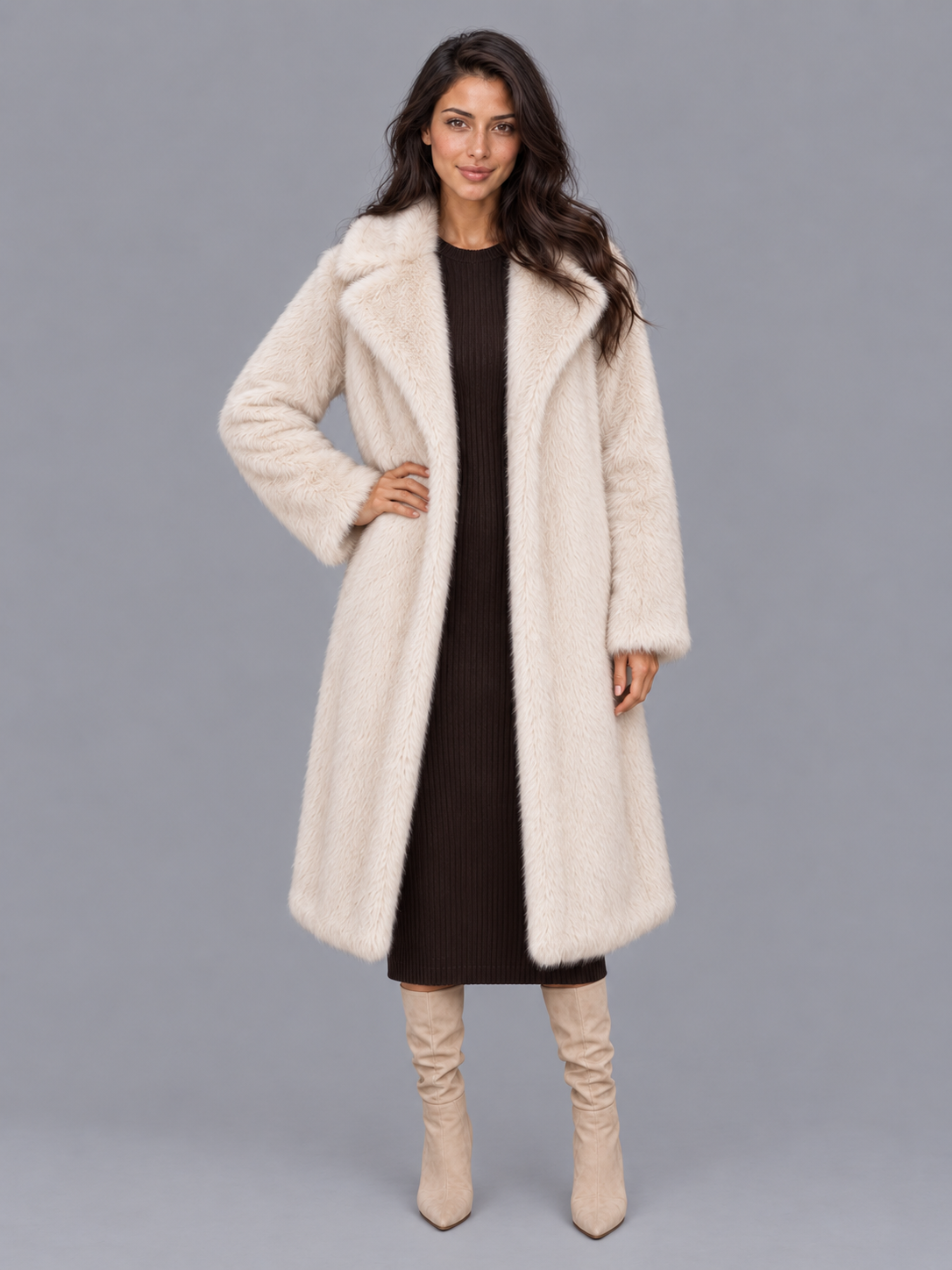 Women's Faux Fur Coat - Long Oversized Statement Collar