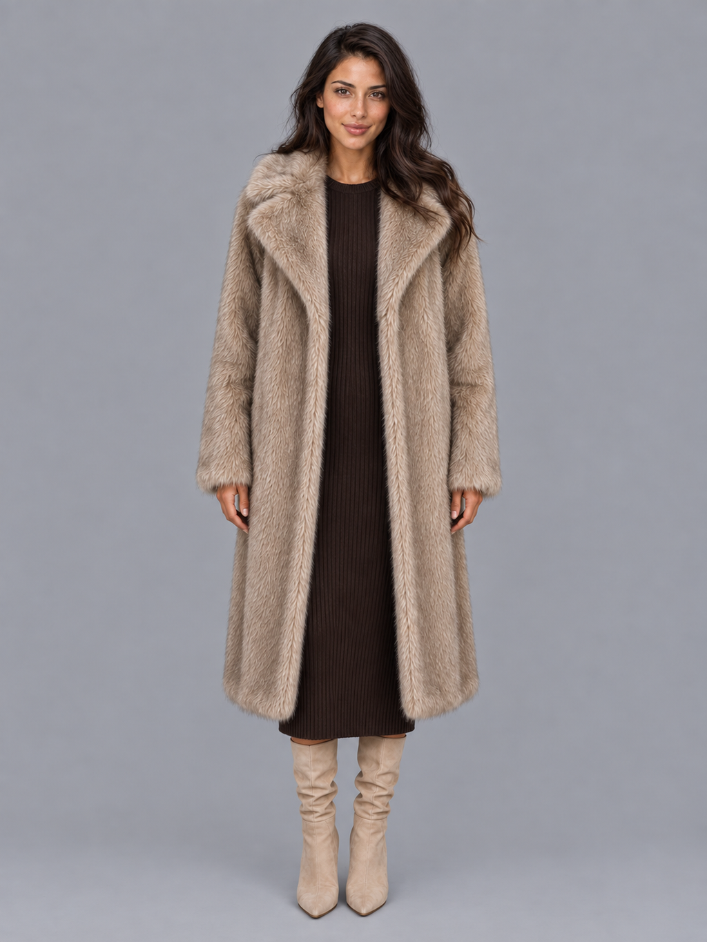 Women's Faux Fur Coat - Long Oversized Statement Collar
