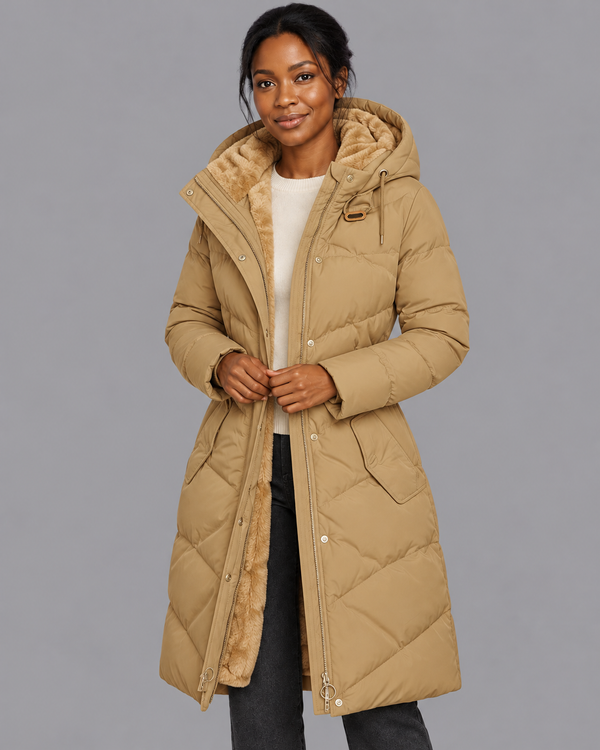 Women's Long Quilted Coat - Hooded Plush Lined Zip Snap Front Winter