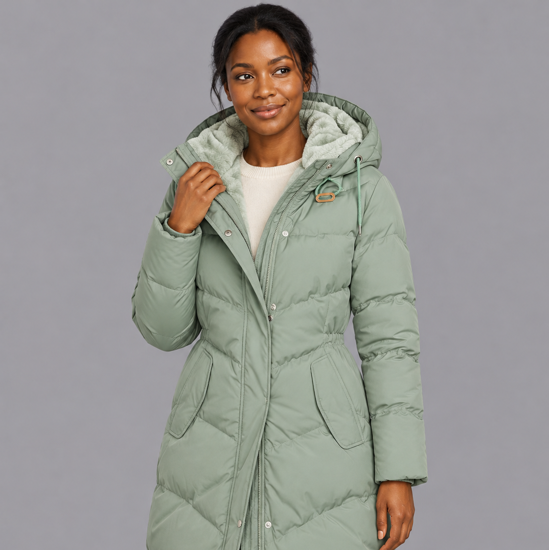 Women's Long Quilted Coat - Hooded Plush Lined Zip Snap Front Winter