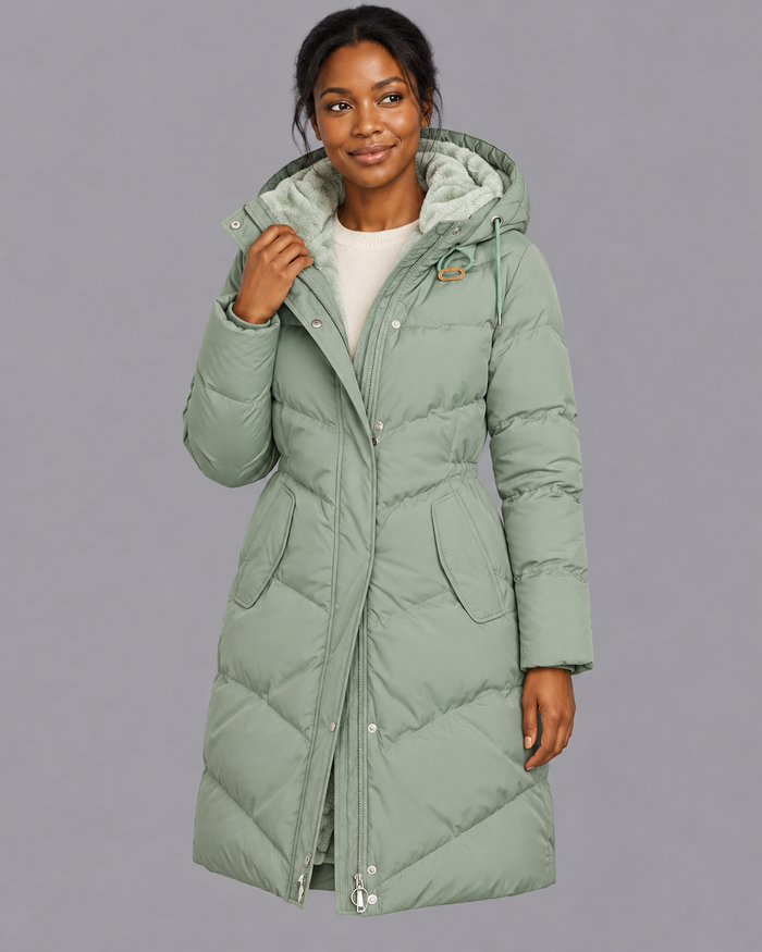 Women's Long Quilted Coat - Hooded Plush Lined Zip Snap Front Winter