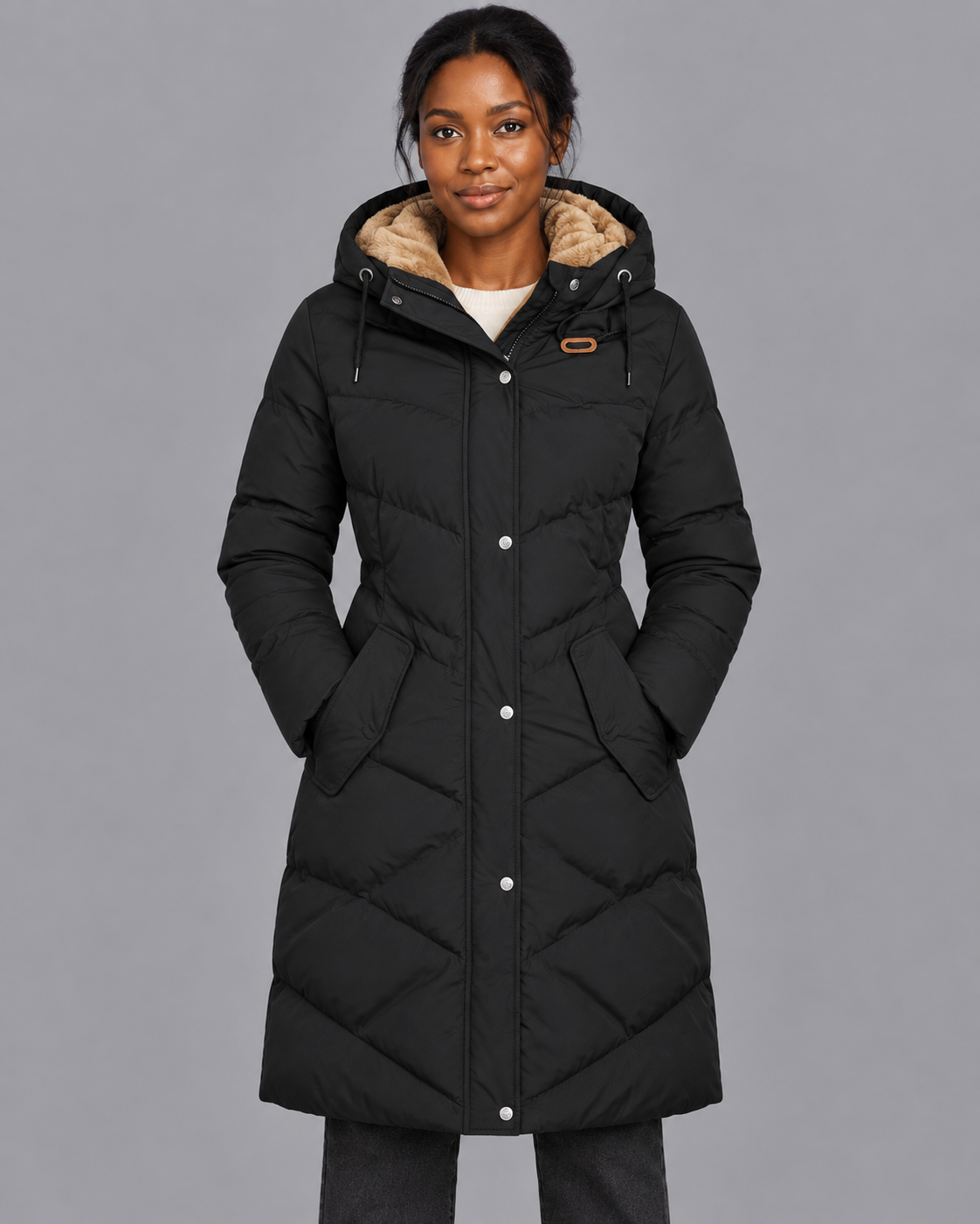 Women's Long Quilted Coat - Hooded Plush Lined Zip Snap Front Winter