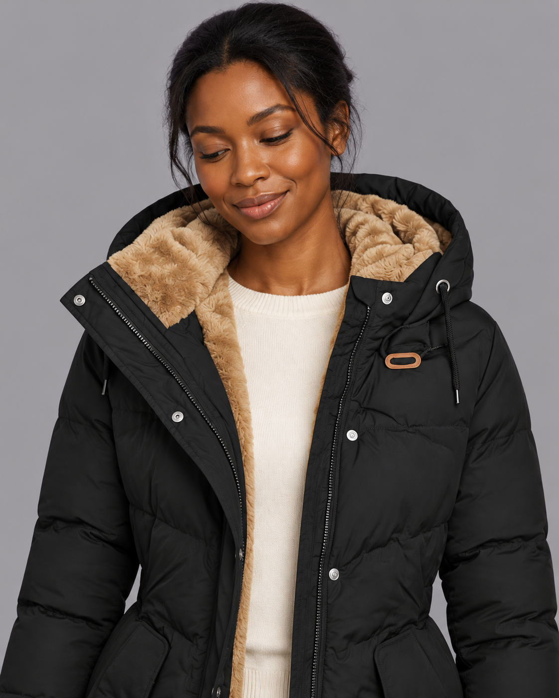 Women's Long Quilted Coat - Hooded Plush Lined Zip Snap Front Winter