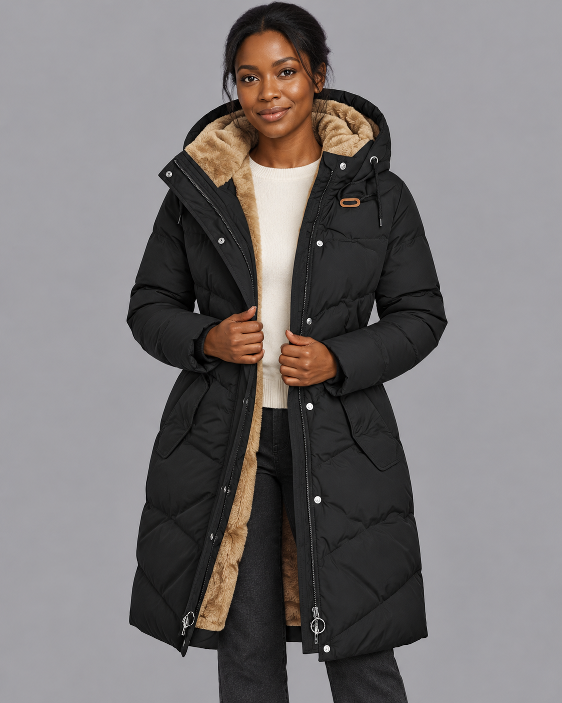 Women's Long Quilted Coat - Hooded Plush Lined Zip Snap Front Winter