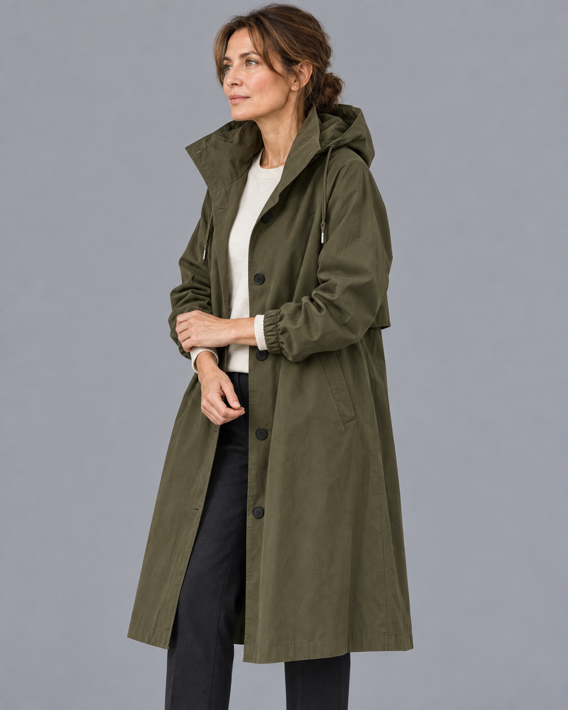 Women's Long Raincoat - Hooded Button Front Waterproof Coat