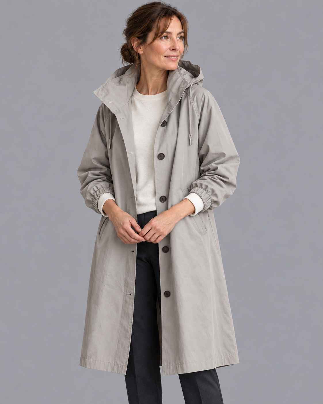 Women's Long Raincoat - Hooded Button Front Waterproof Coat