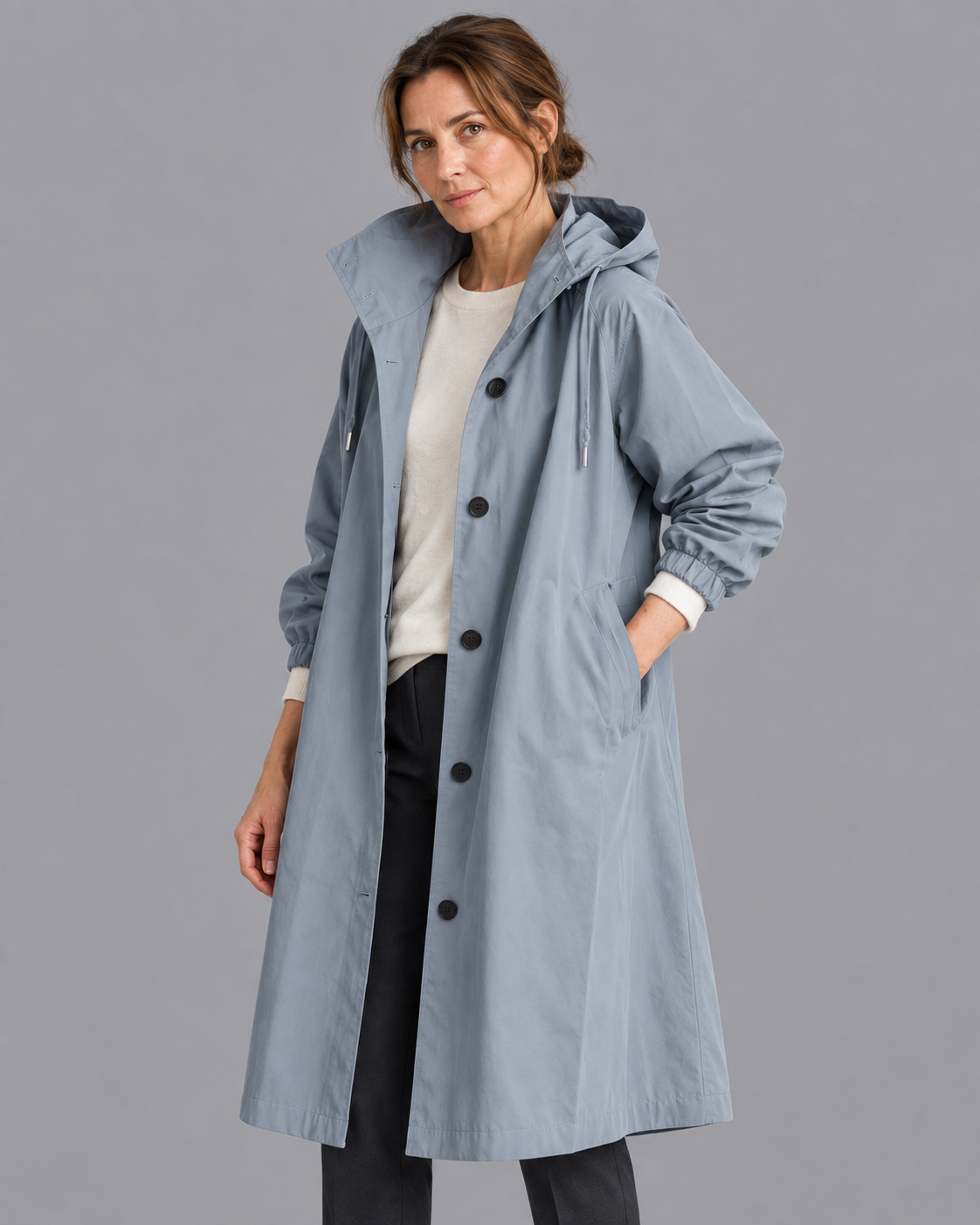 Women's Long Raincoat - Hooded Button Front Waterproof Coat