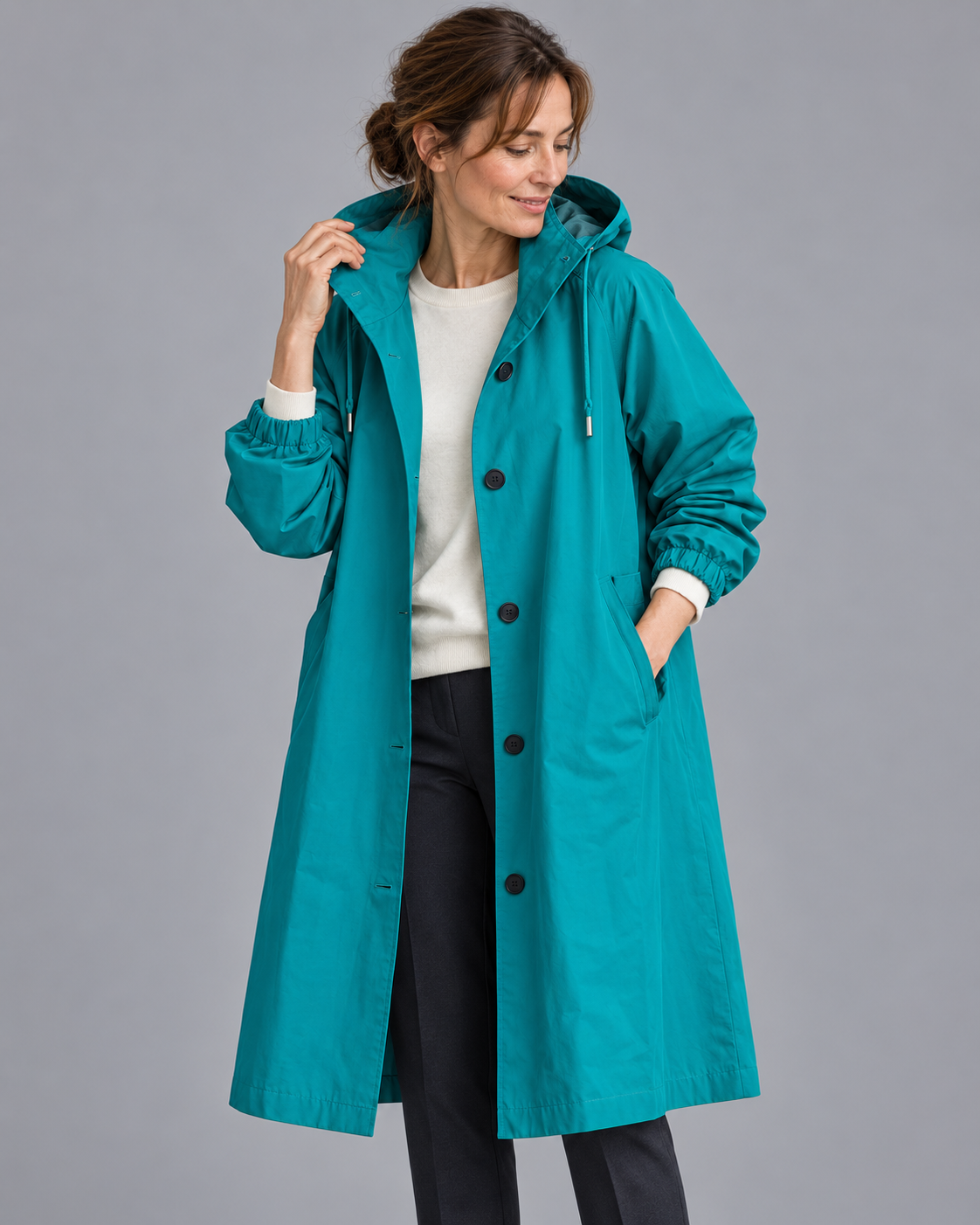 Women's Long Raincoat - Hooded Button Front Waterproof Coat