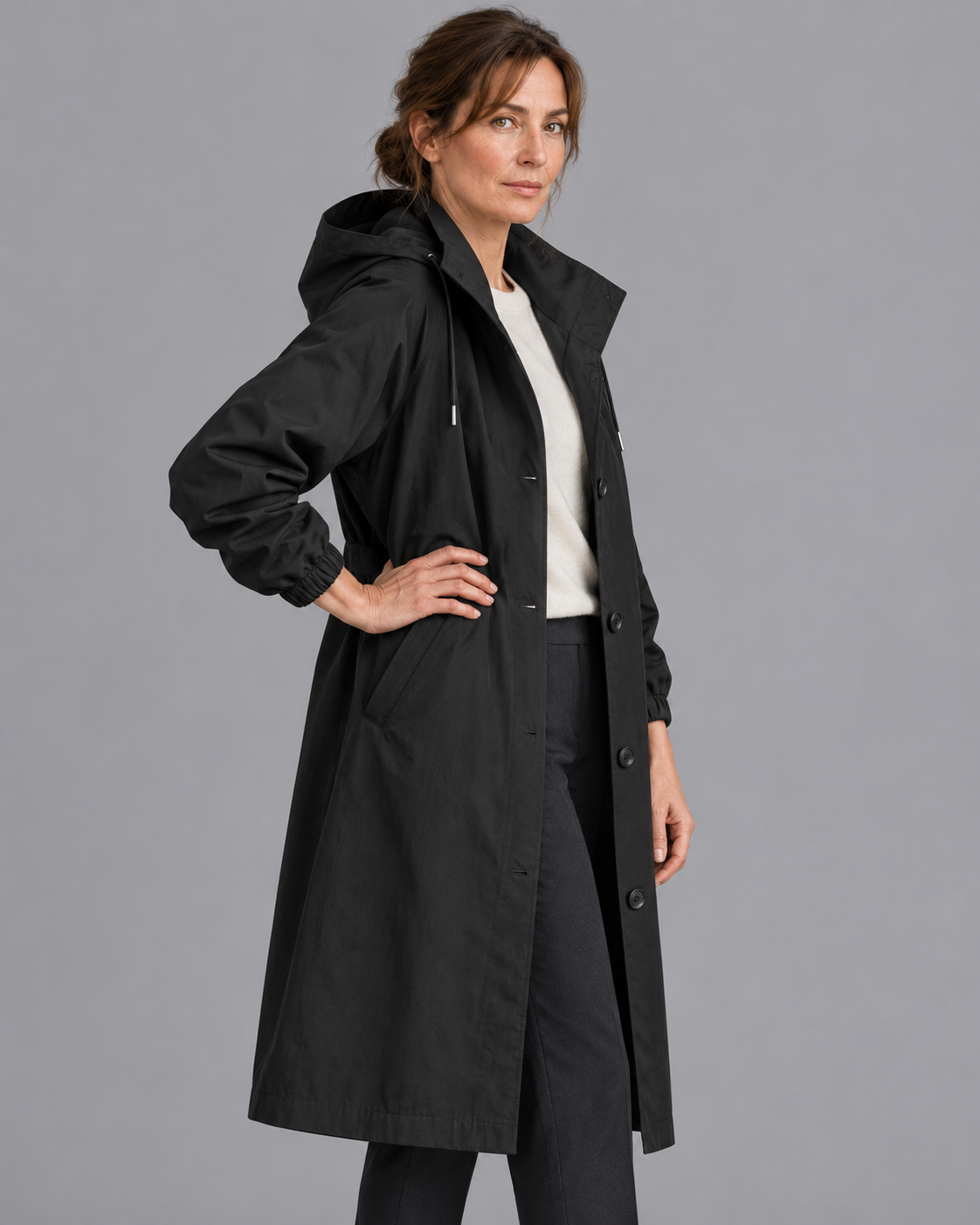 Women's Long Raincoat - Hooded Button Front Waterproof Coat