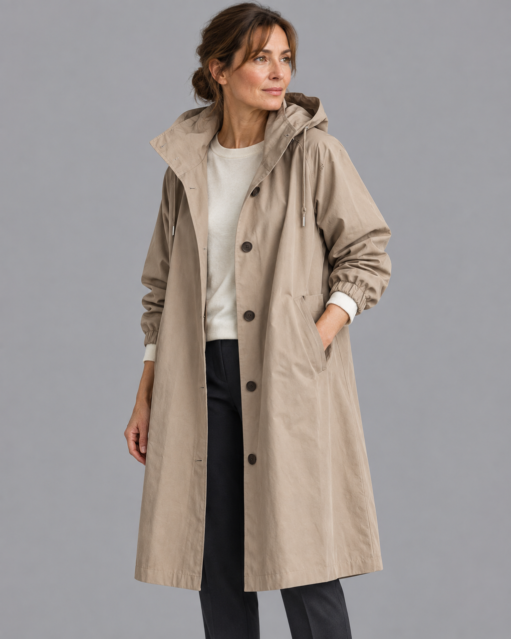 Women's Long Raincoat - Hooded Button Front Waterproof Coat