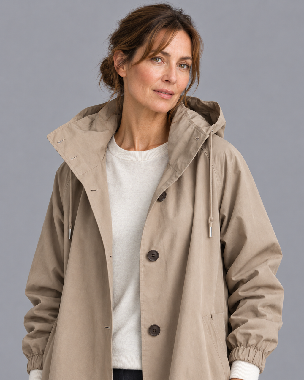Women's Long Raincoat - Hooded Button Front Waterproof Coat