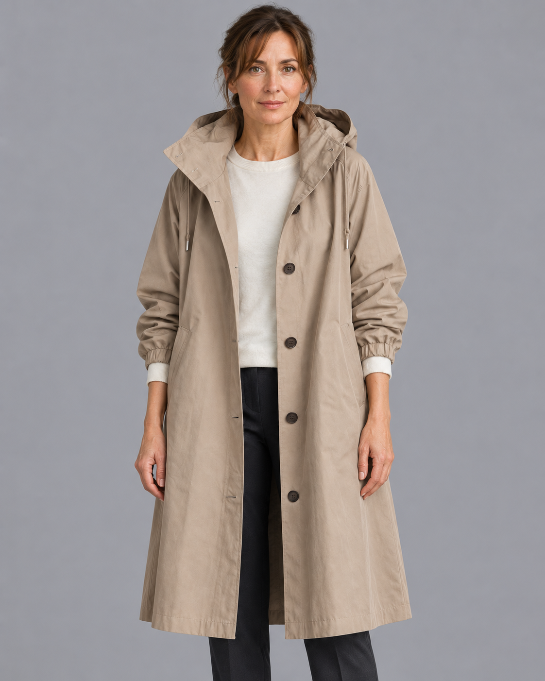 Women's Long Raincoat - Hooded Button Front Waterproof Coat