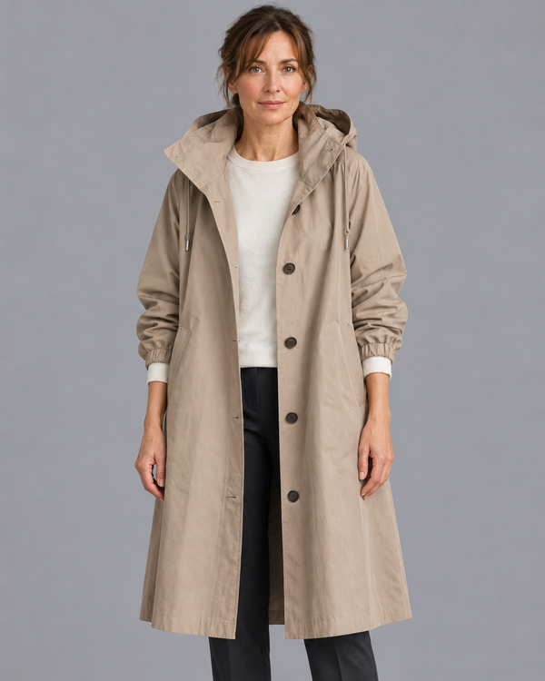 Women's Long Raincoat - Hooded Button Front Waterproof Coat