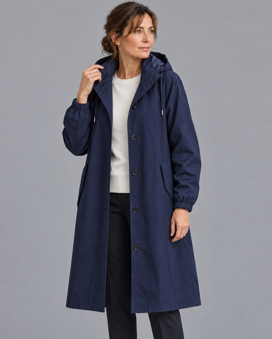 Women's Long Raincoat - Hooded Button Front Waterproof Coat