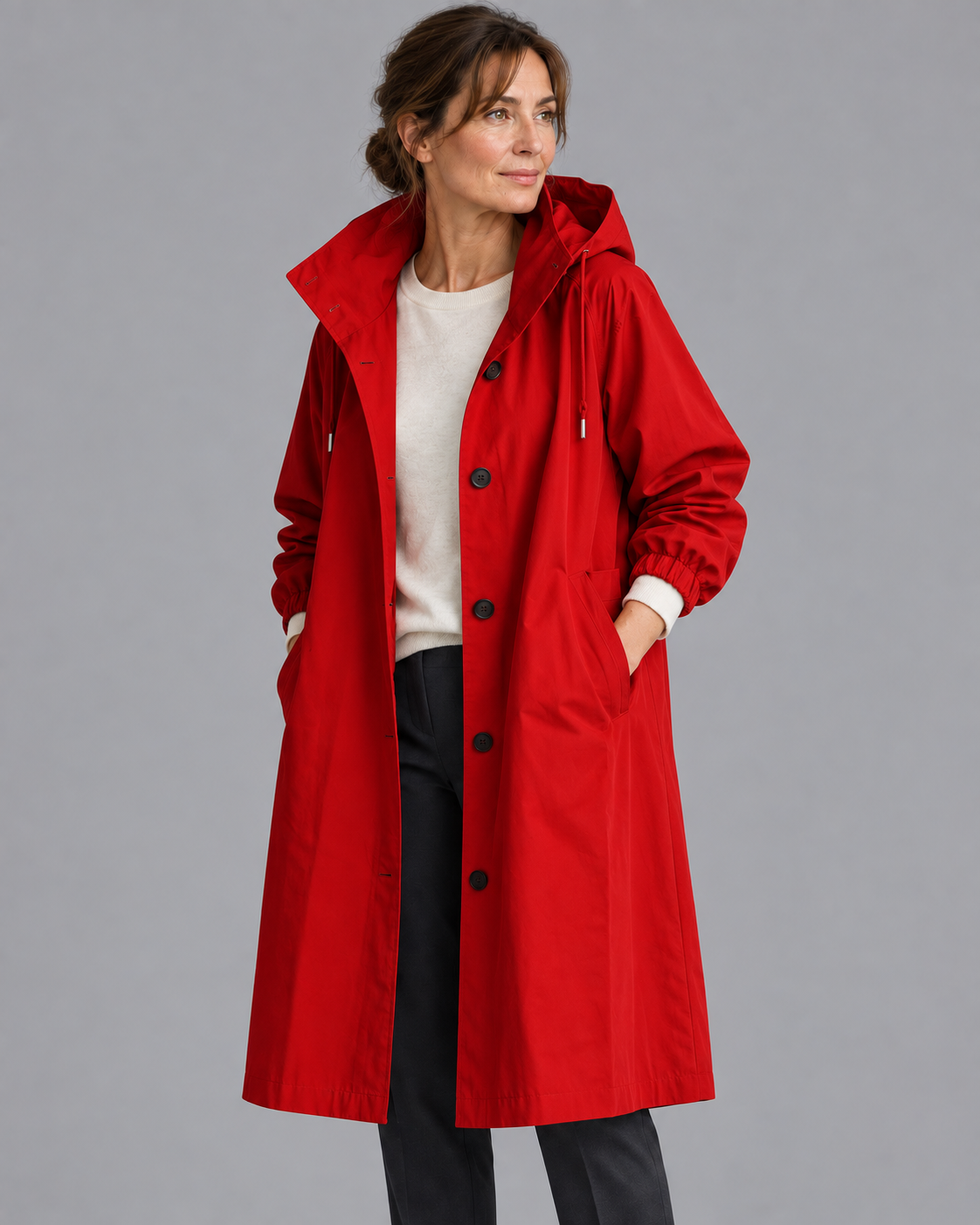 Women's Long Raincoat - Hooded Button Front Waterproof Coat
