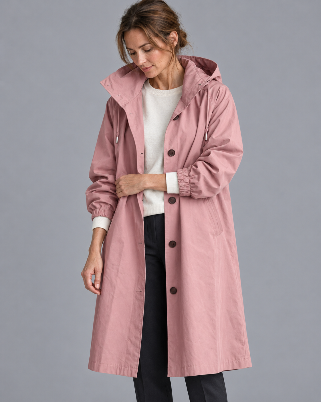 Women's Long Raincoat - Hooded Button Front Waterproof Coat