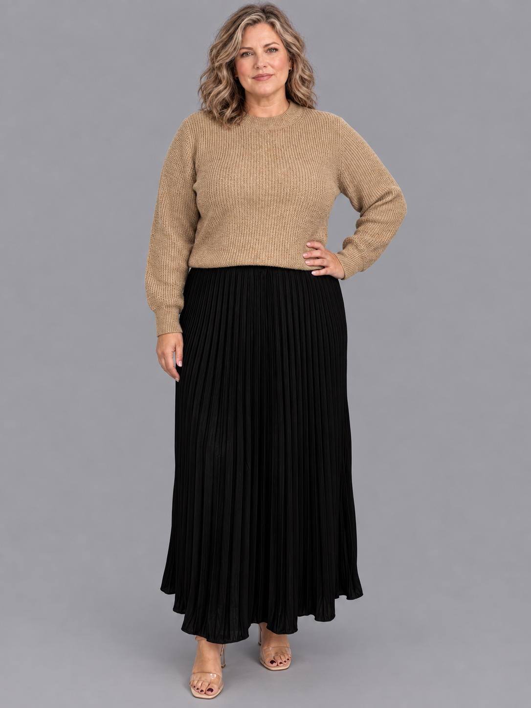 Women's Knitted Dress - Maxi Pleated Skirt Long Sleeve Jumper Top