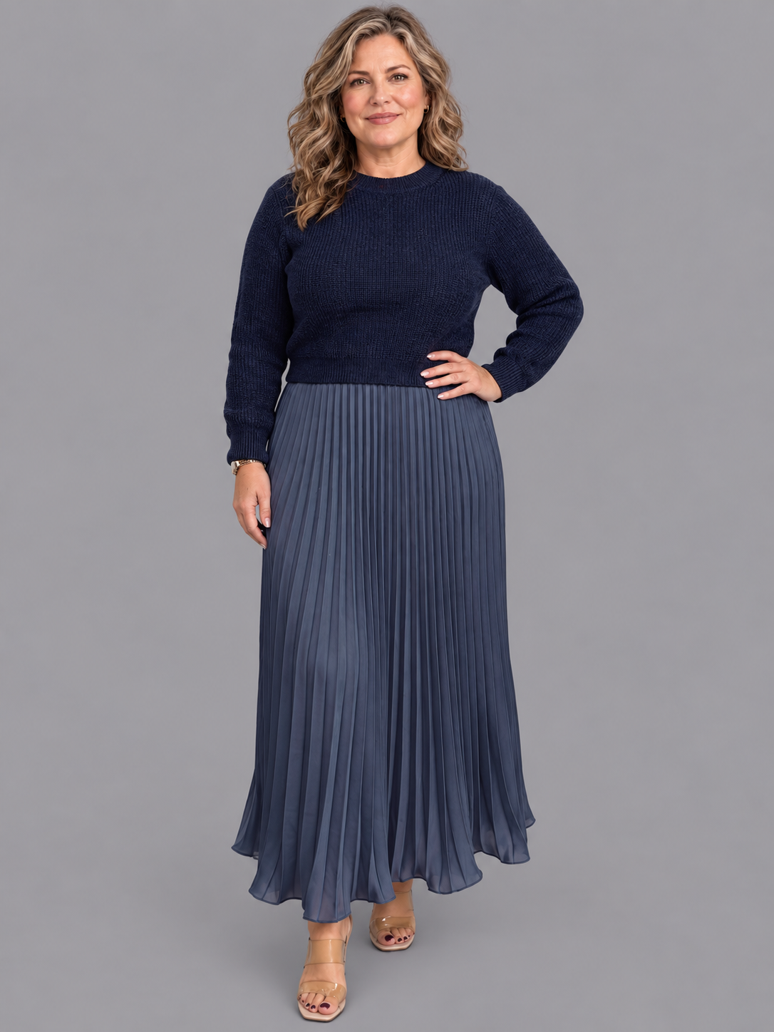 Women's Knitted Dress - Maxi Pleated Skirt Long Sleeve Jumper Top