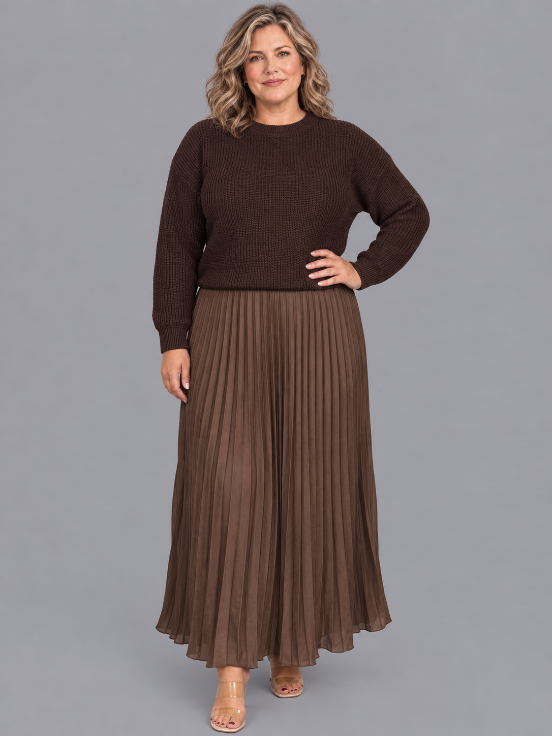 Women's Knitted Dress - Maxi Pleated Skirt Long Sleeve Jumper Top