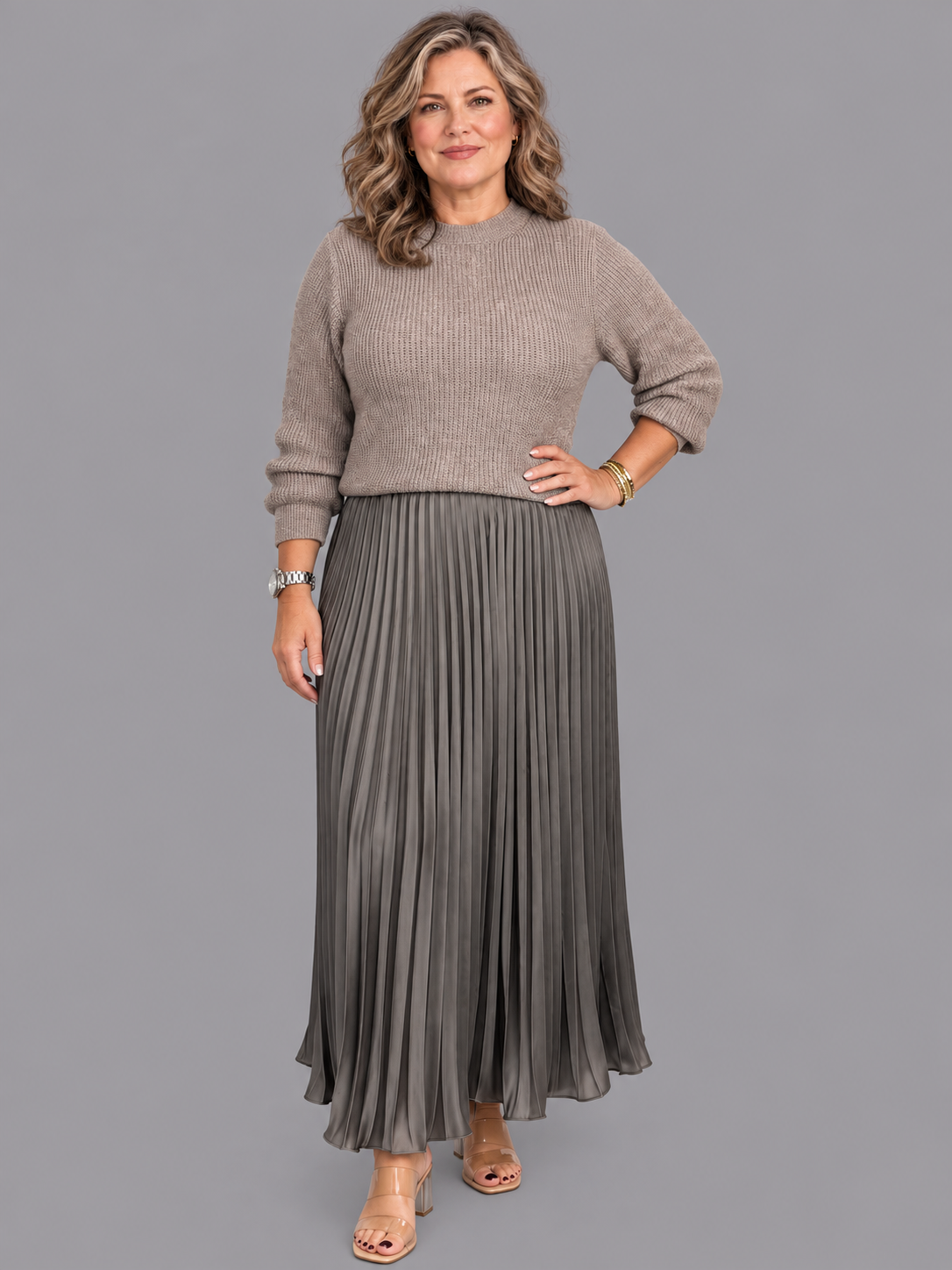 Women's Knitted Dress - Maxi Pleated Skirt Long Sleeve Jumper Top