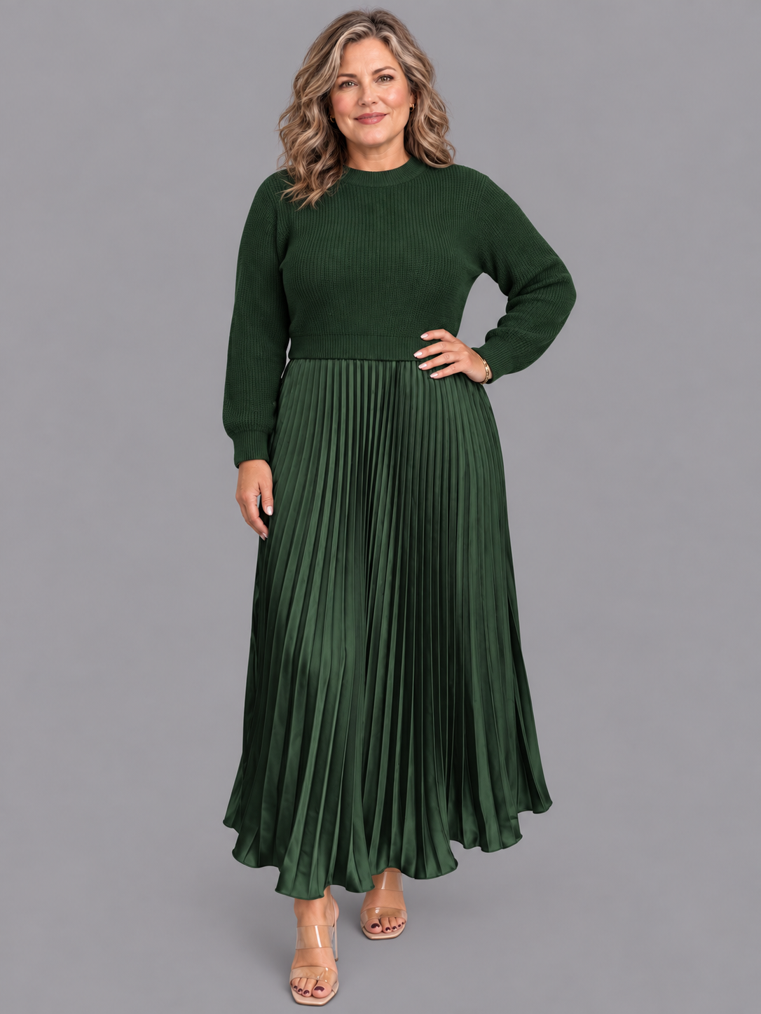 Women's Knitted Dress - Maxi Pleated Skirt Long Sleeve Jumper Top