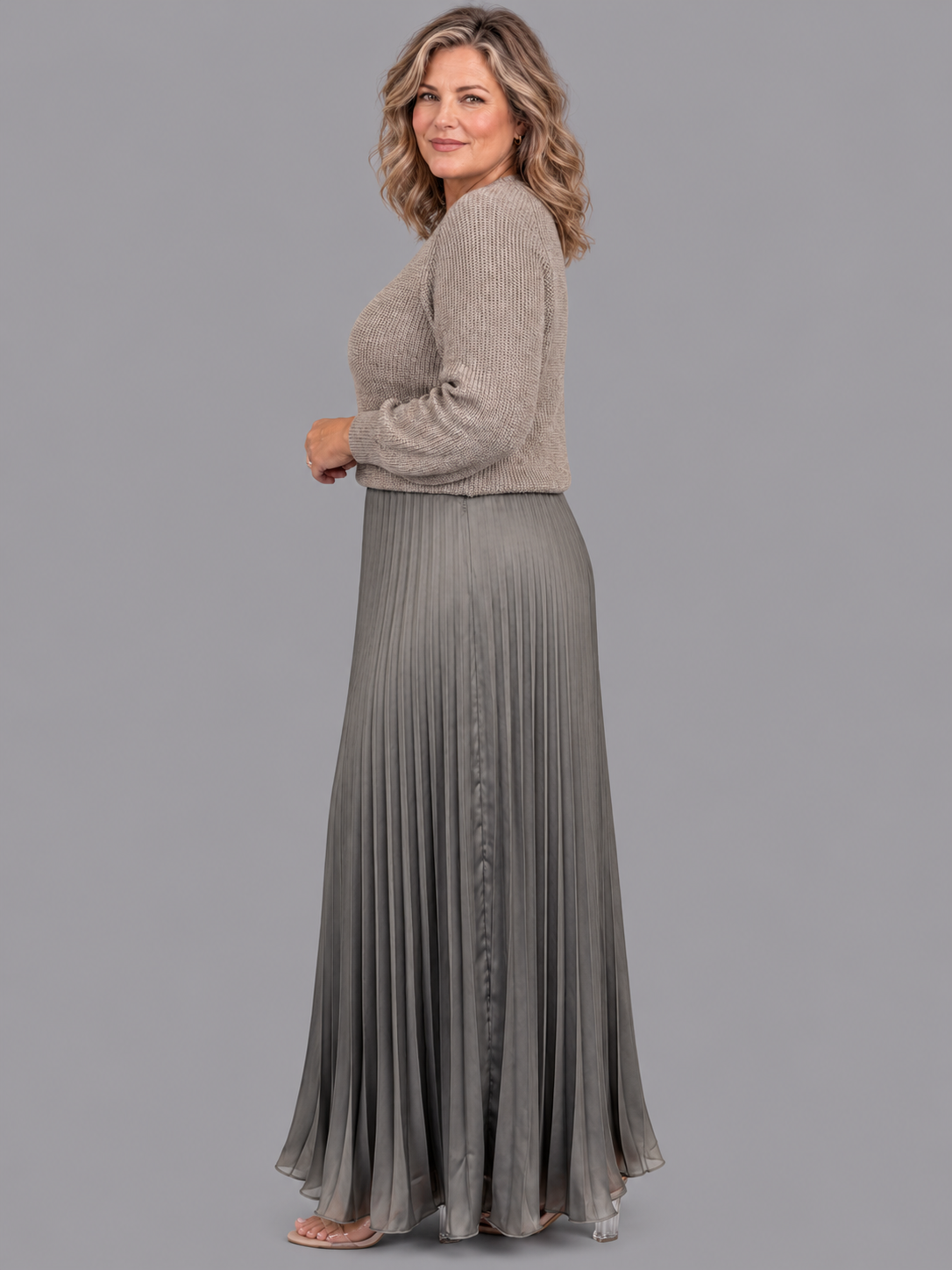Women's Knitted Dress - Maxi Pleated Skirt Long Sleeve Jumper Top