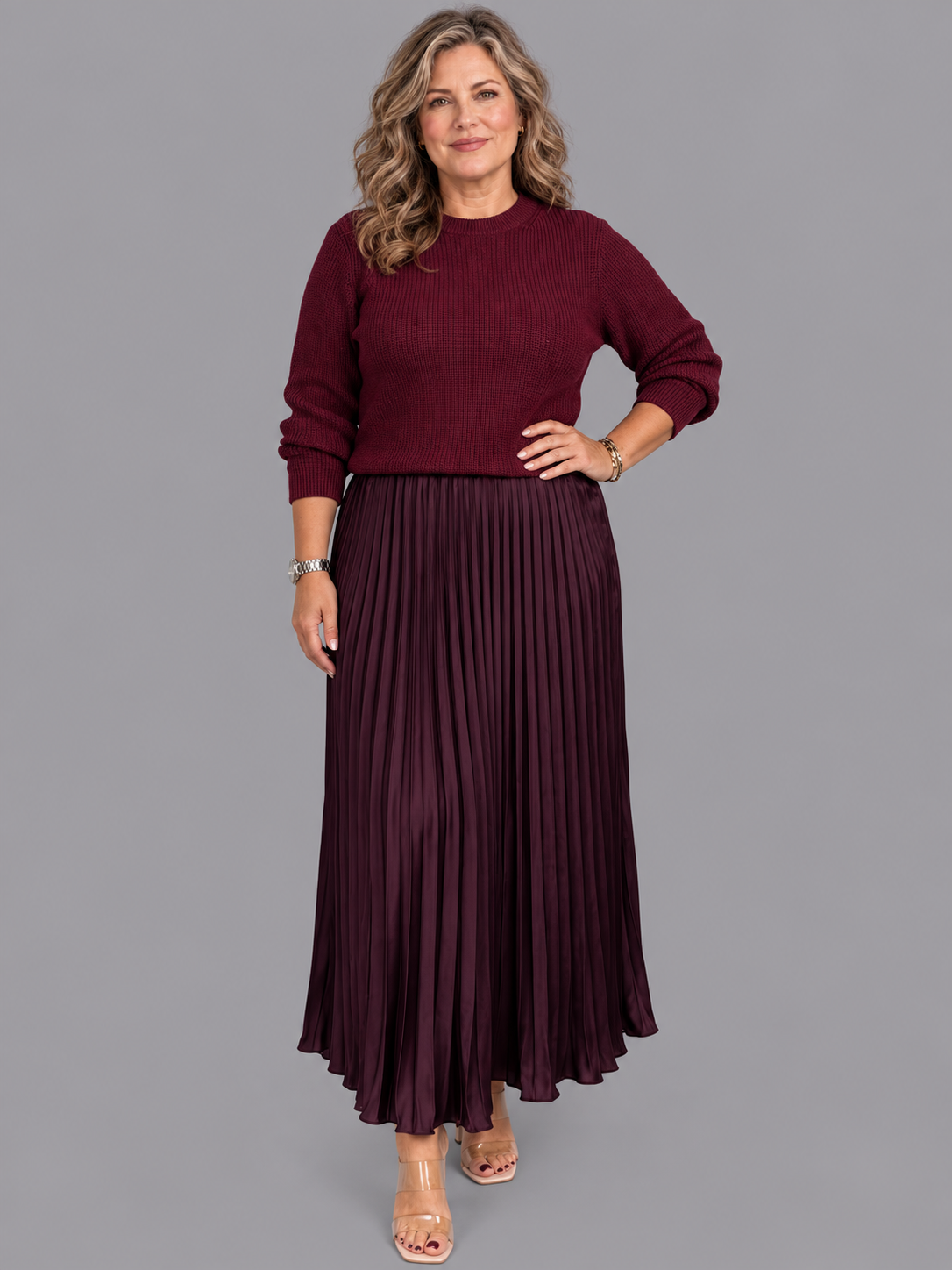 Women's Knitted Dress - Maxi Pleated Skirt Long Sleeve Jumper Top