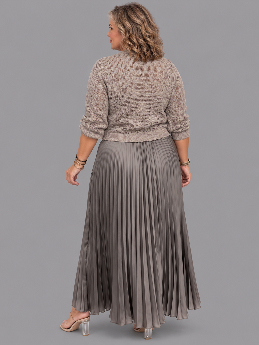 Women's Knitted Dress - Maxi Pleated Skirt Long Sleeve Jumper Top