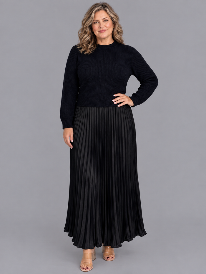 Women's Knitted Dress - Maxi Pleated Skirt Long Sleeve Jumper Top
