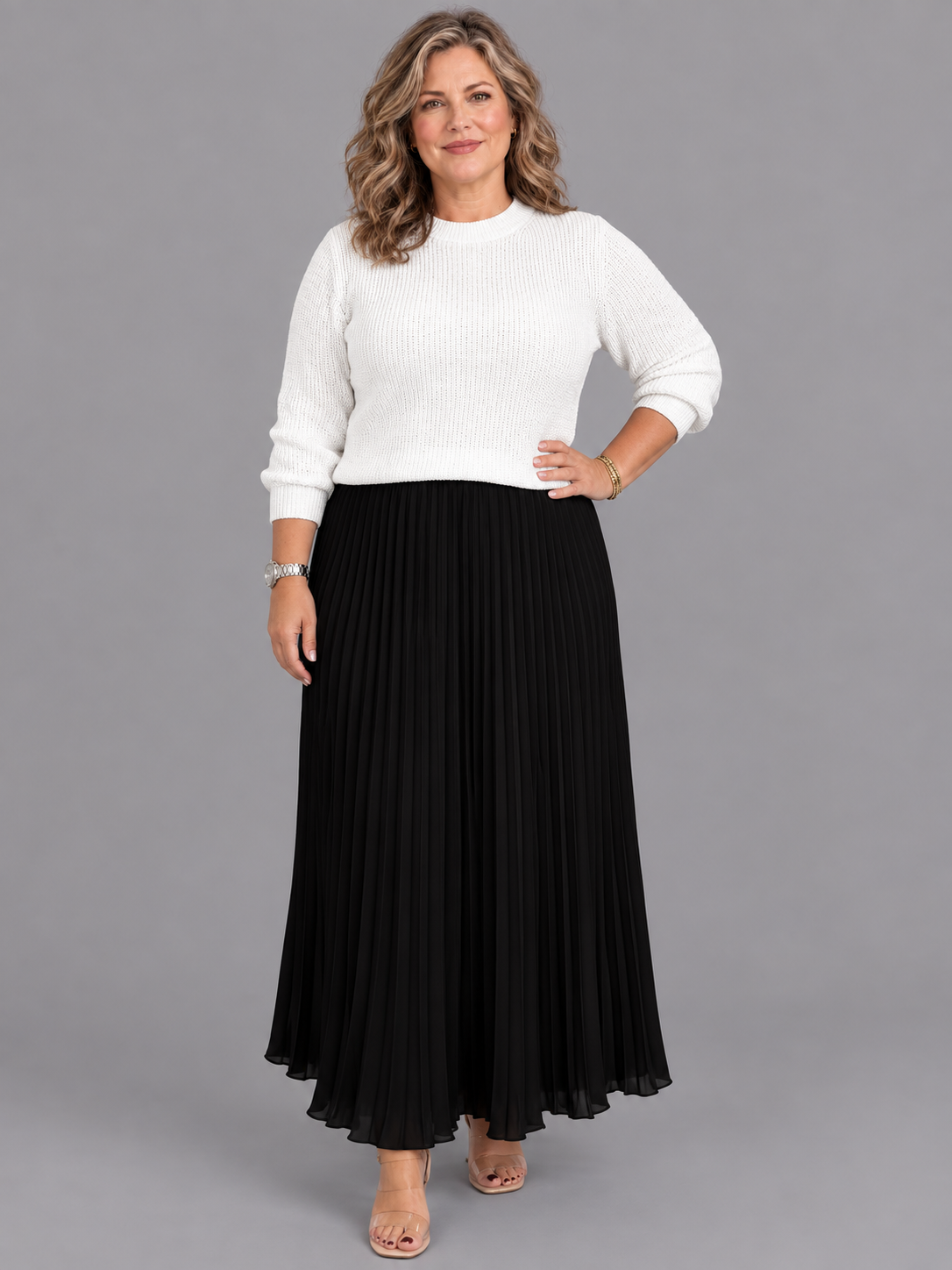 Women's Knitted Dress - Maxi Pleated Skirt Long Sleeve Jumper Top