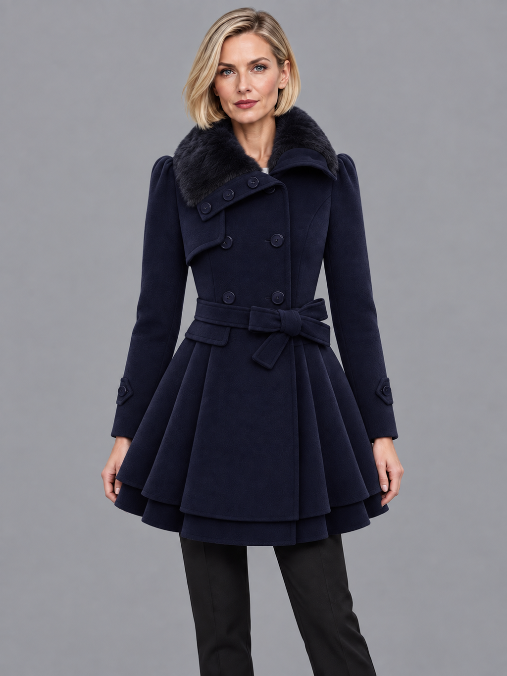 Women's Overcoat - Double Breasted Belted Flared Hem Lined Collar