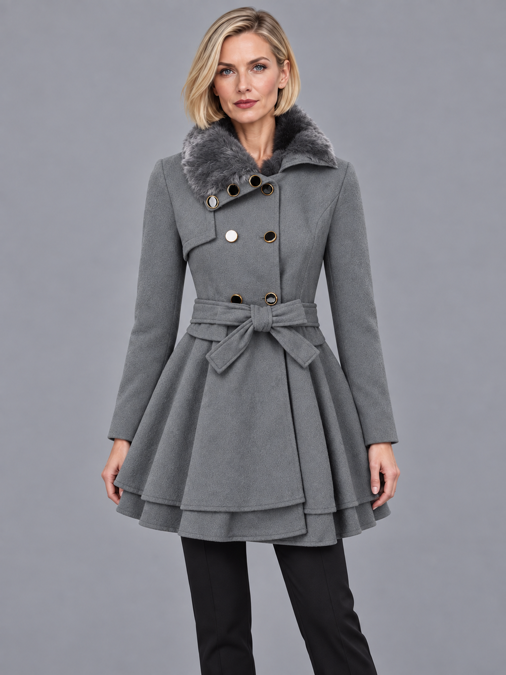 Women's Overcoat - Double Breasted Belted Flared Hem Lined Collar