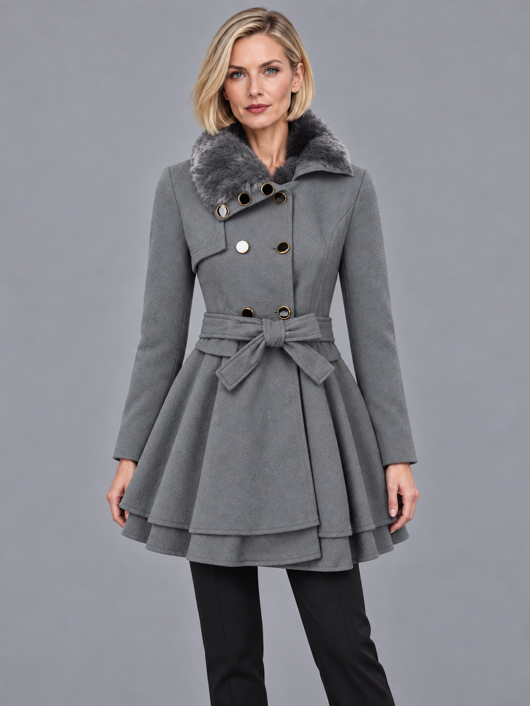 Women's Overcoat - Double Breasted Belted Flared Hem Lined Collar