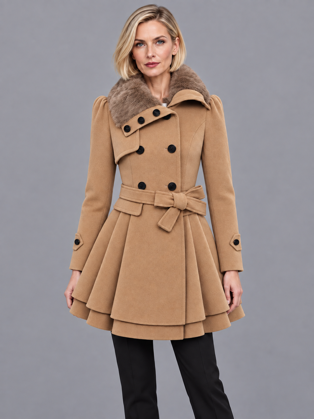 Women's Overcoat - Double Breasted Belted Flared Hem Lined Collar