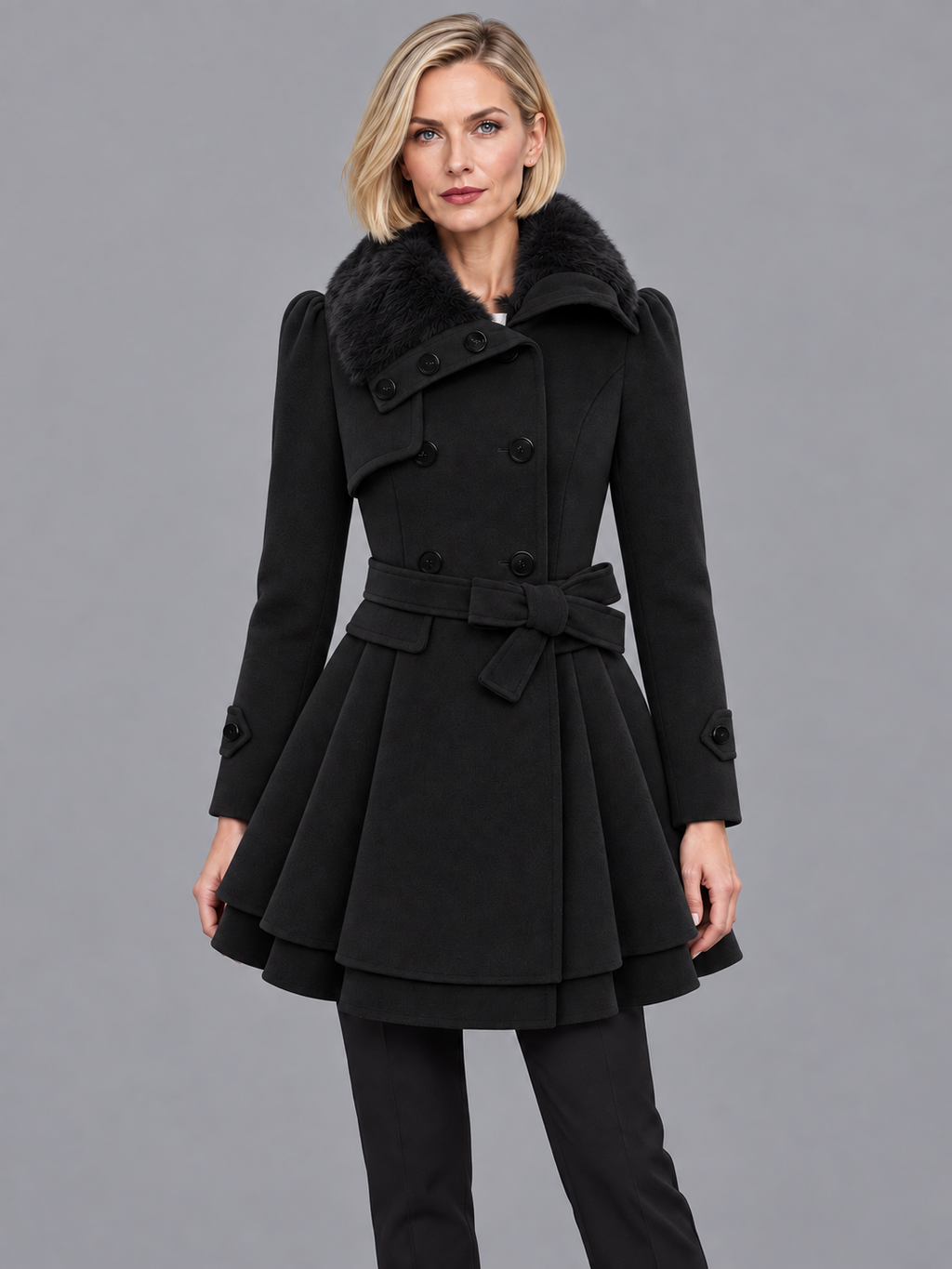 Women's Overcoat - Double Breasted Belted Flared Hem Lined Collar