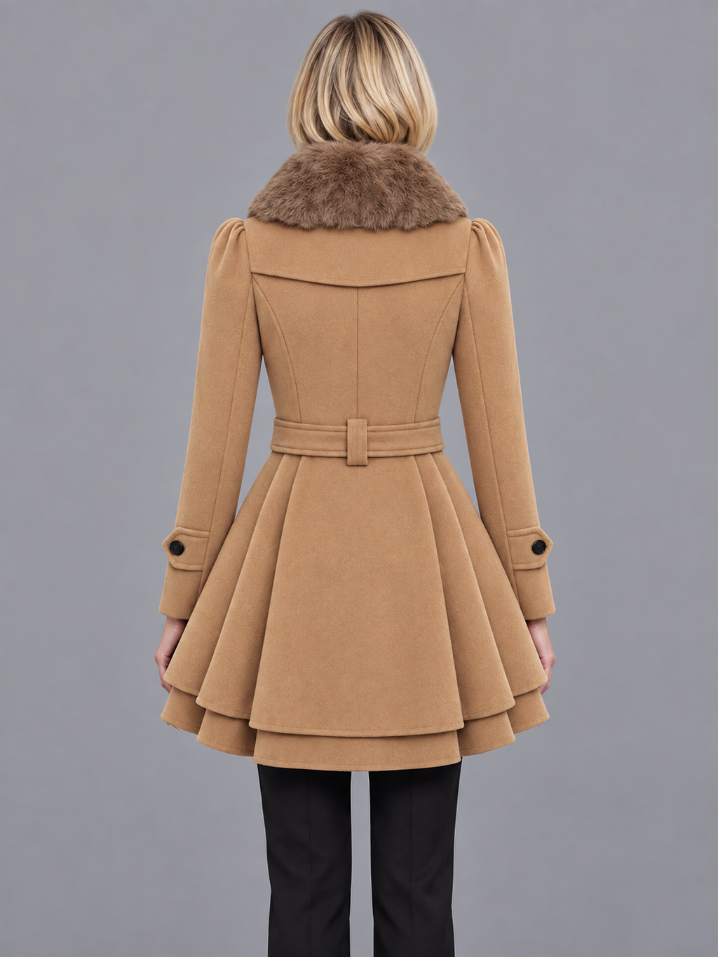 Women's Overcoat - Double Breasted Belted Flared Hem Lined Collar