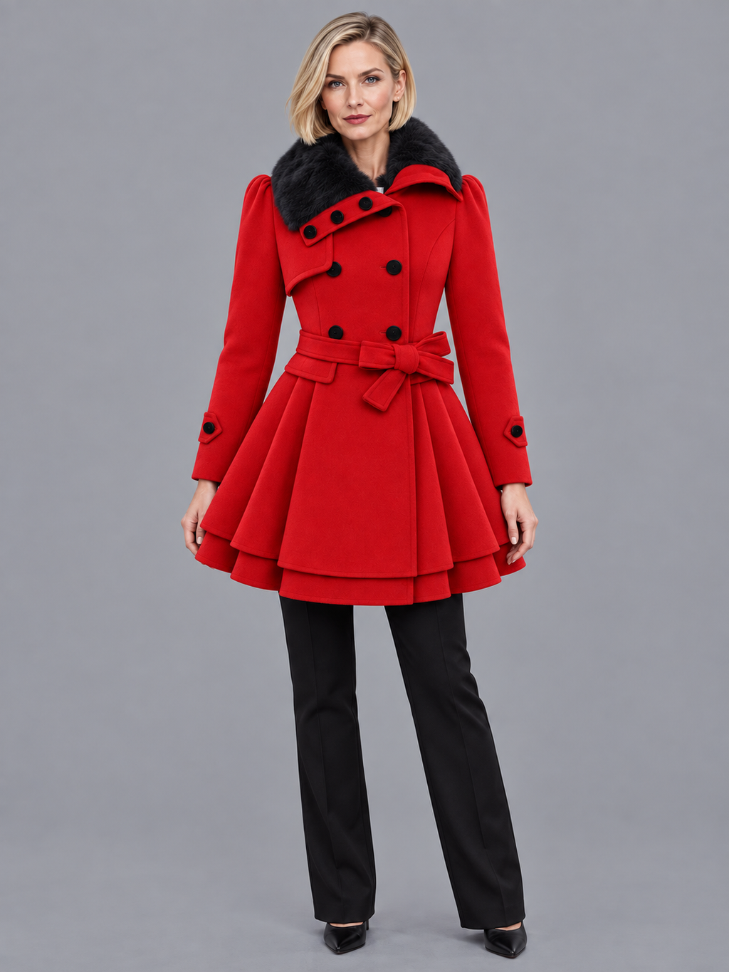 Women's Overcoat - Double Breasted Belted Flared Hem Lined Collar