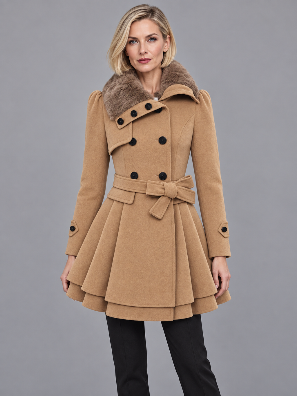 Women's Overcoat - Double Breasted Belted Flared Hem Lined Collar