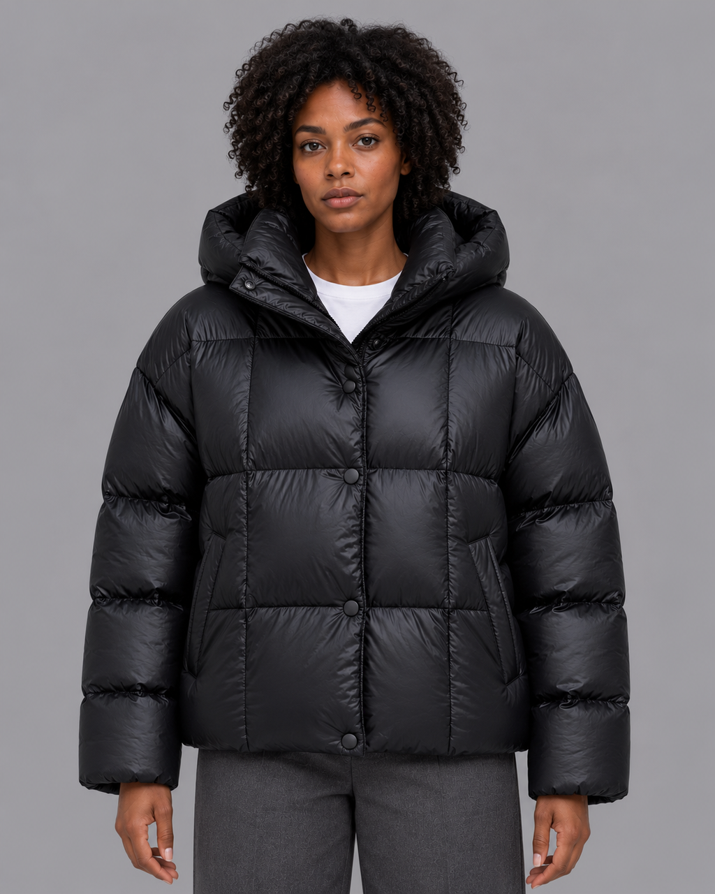 Women's Oversized Quilted Puffer Jacket - Large Hood High Collar