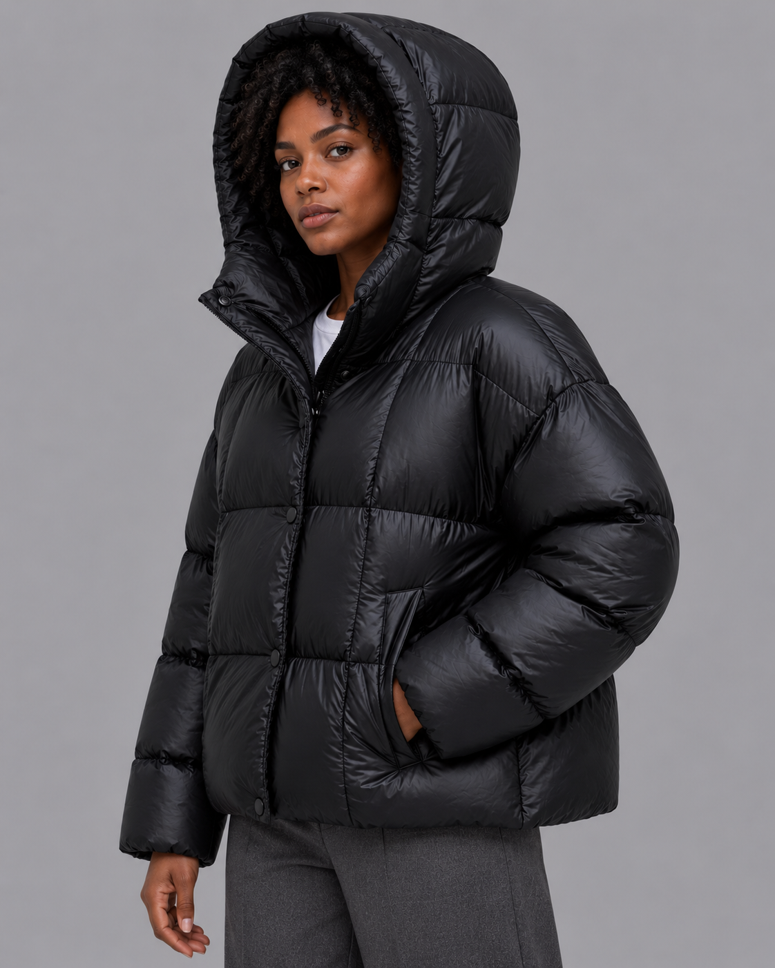 Women's Oversized Quilted Puffer Jacket - Large Hood High Collar
