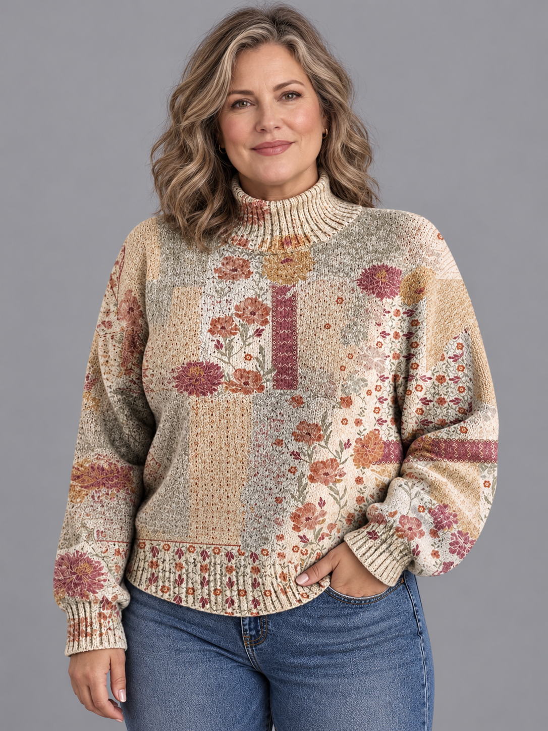 Women's Turtleneck Jumper - Patchwork Floral Boxy Balloon Sleeve