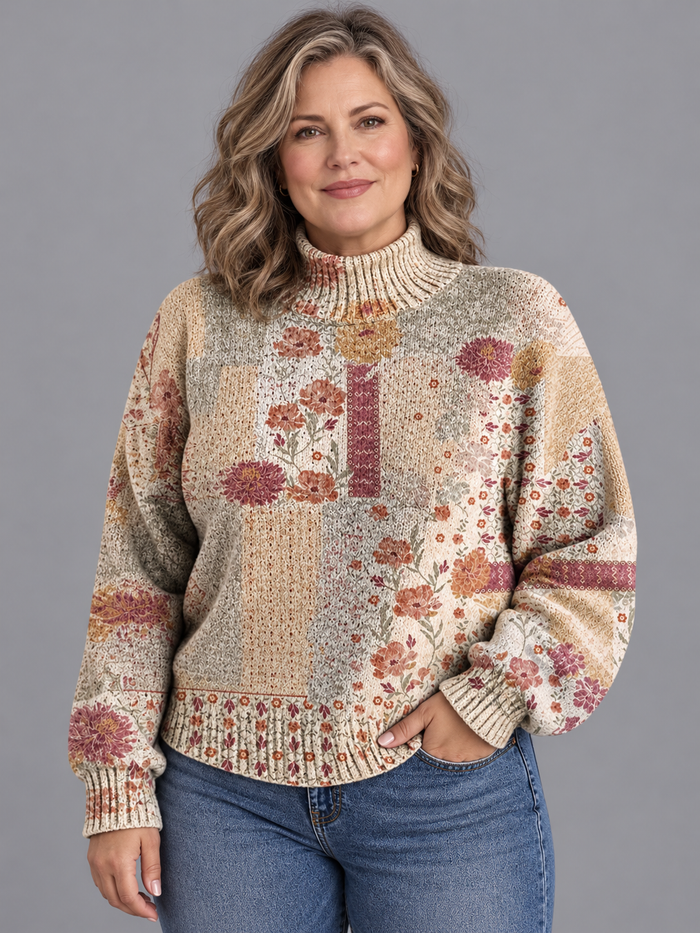 Women's Turtleneck Jumper - Patchwork Floral Boxy Balloon Sleeve