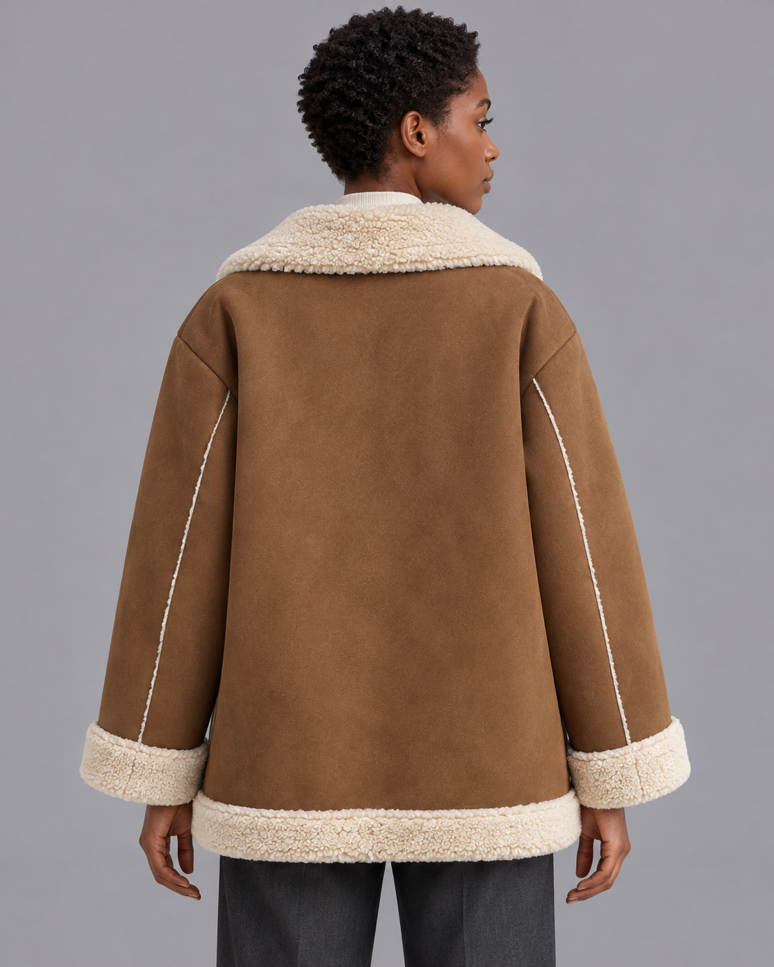 Women's Shearling Jacket - Zip Front Relaxed Fit Winter Jacket