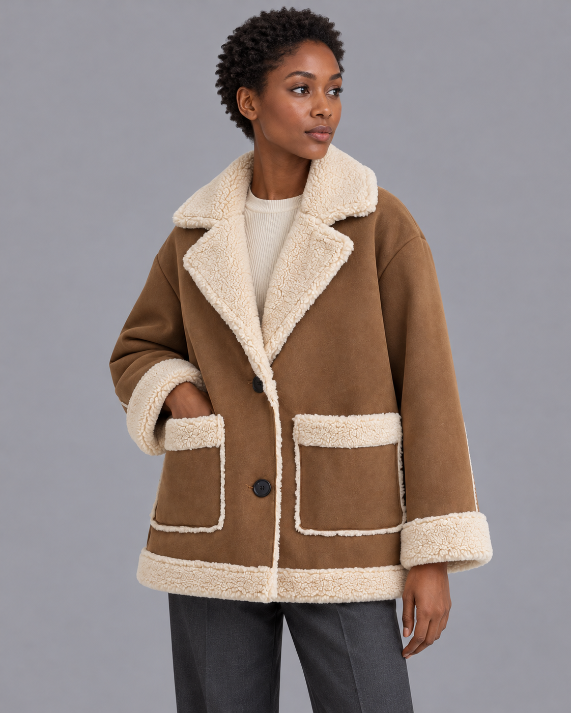 Women's Shearling Jacket - Zip Front Relaxed Fit Winter Jacket