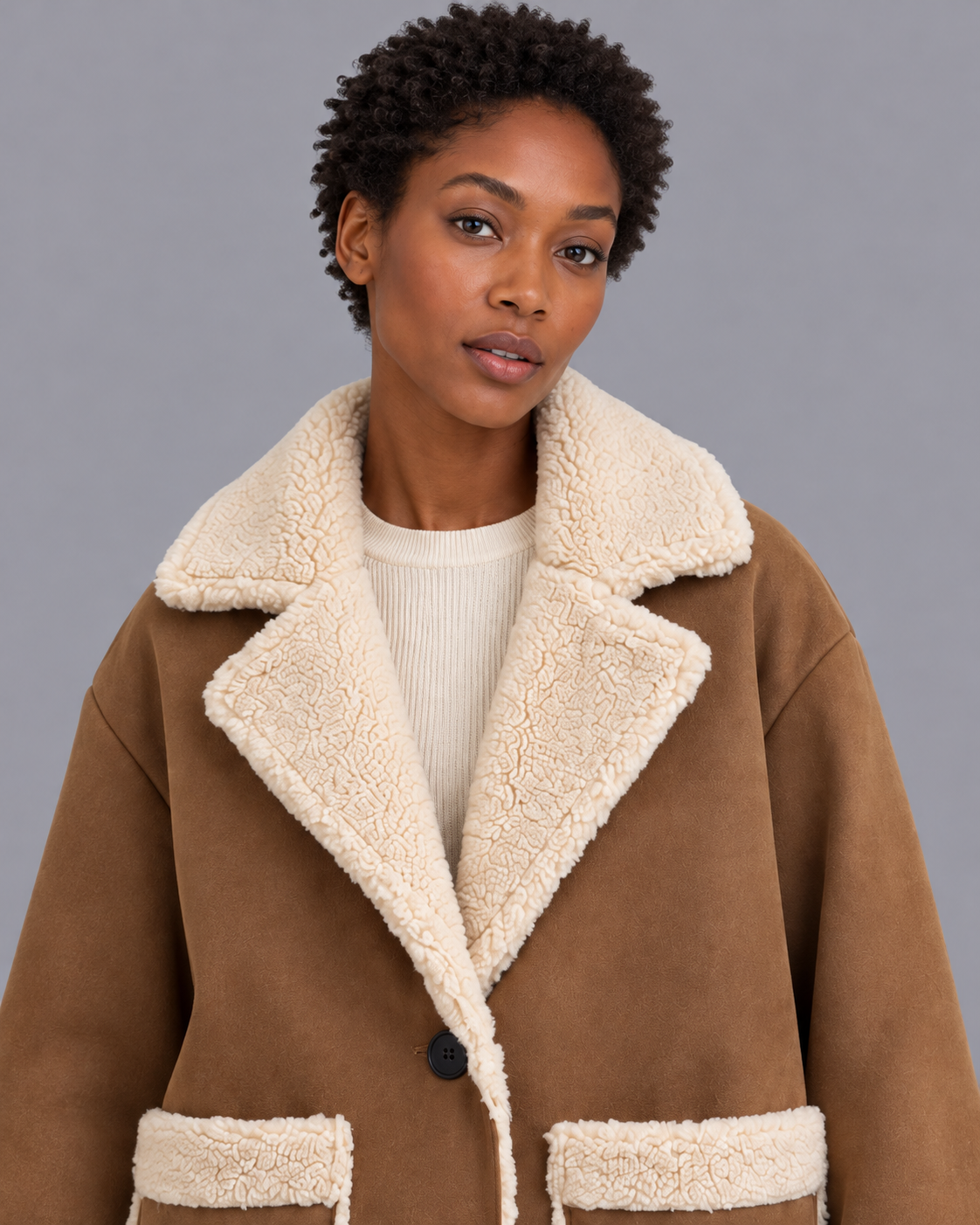 Women's Shearling Jacket - Zip Front Relaxed Fit Winter Jacket