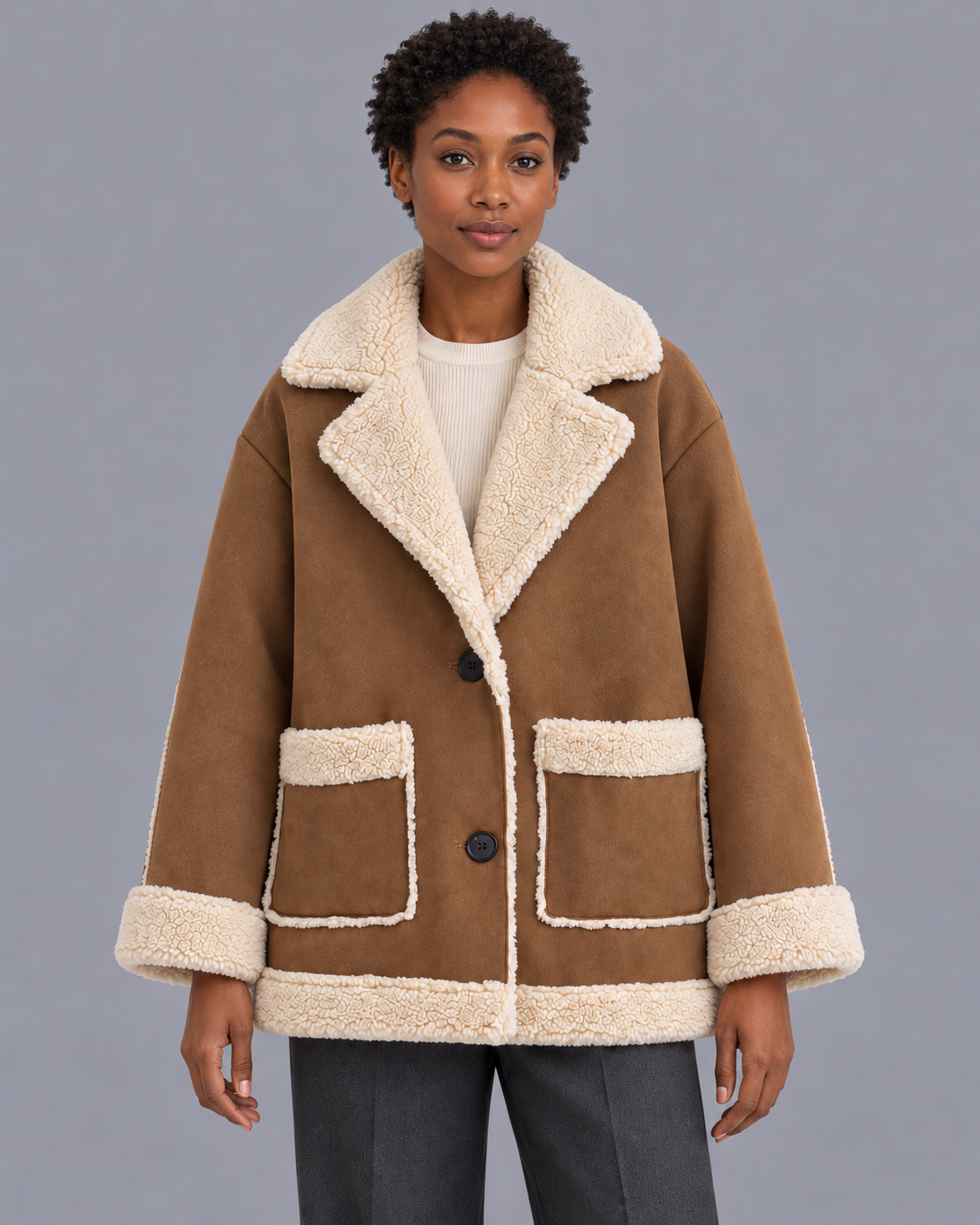 Women's Shearling Jacket - Zip Front Relaxed Fit Winter Jacket