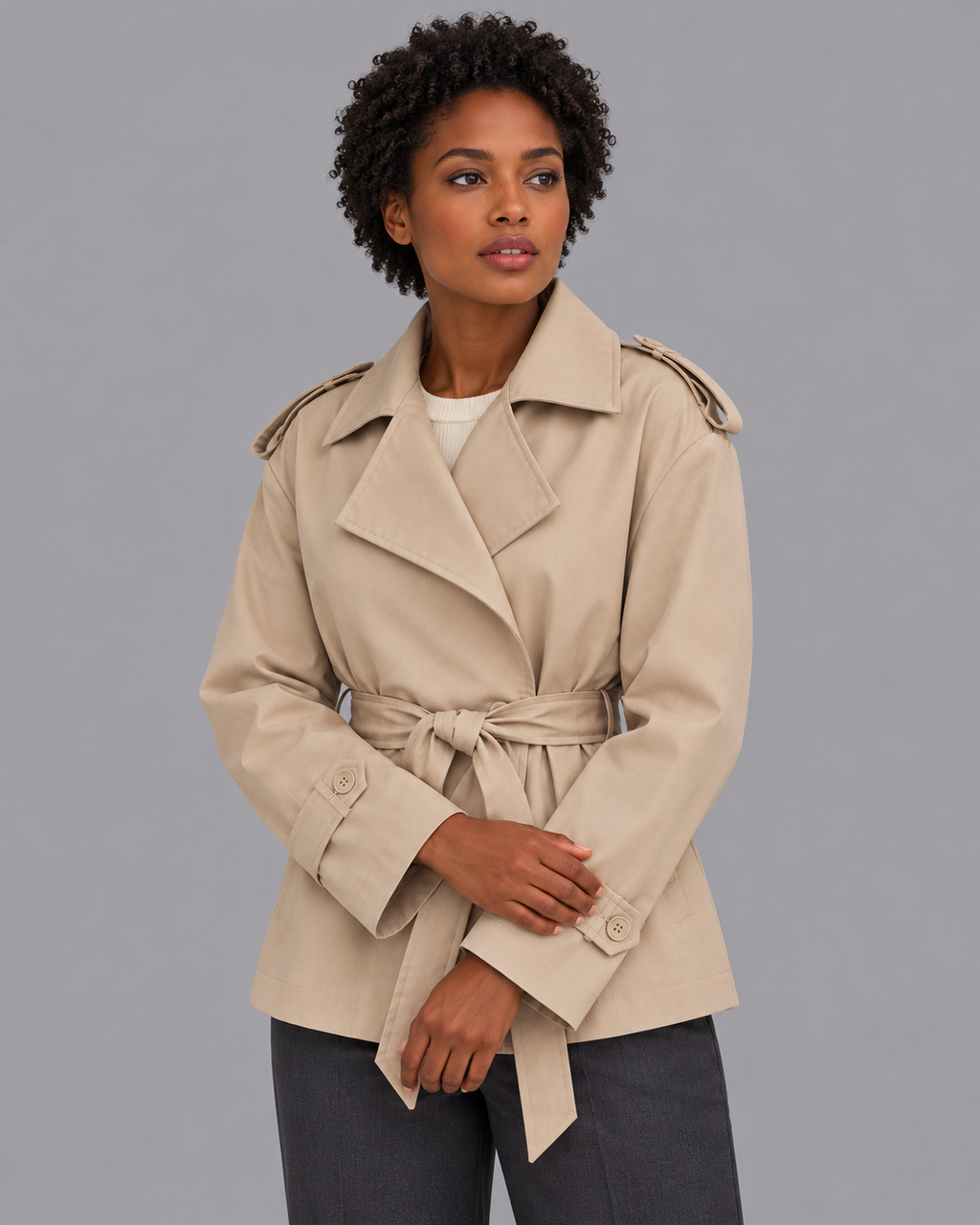 Women's Short Trench Coat - Belted Double Breasted Jacket