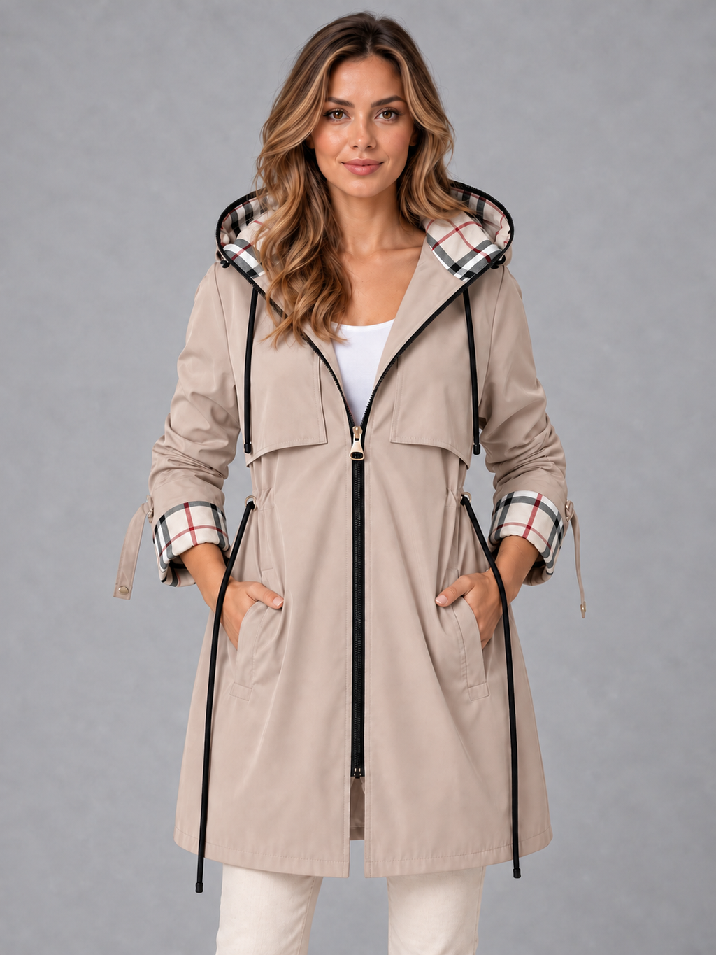 Women's Long Coat - Hooded Drawstring Waist