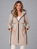 Women's Long Coat - Hooded Drawstring Waist