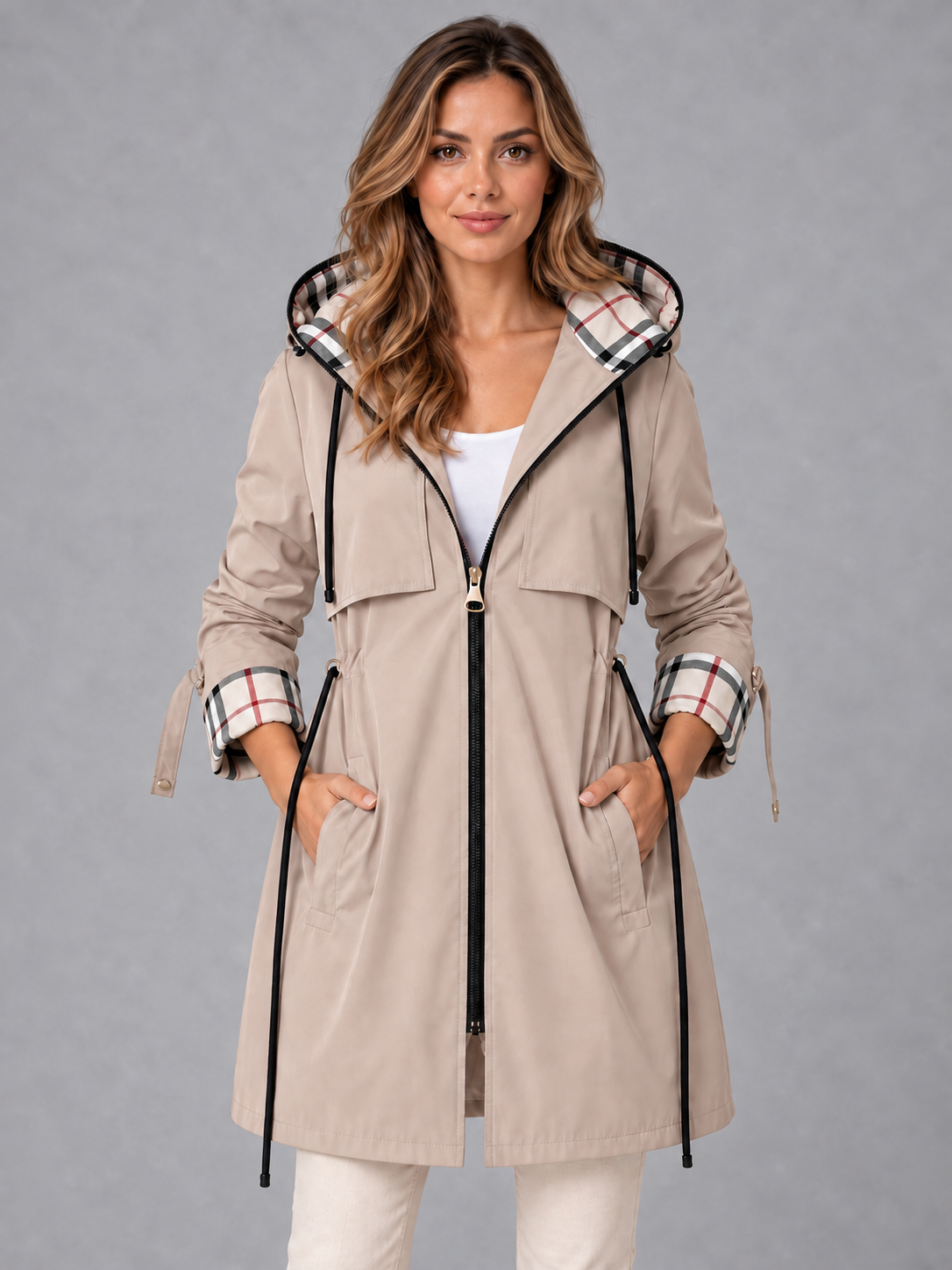 Women's Long Coat - Hooded Drawstring Waist